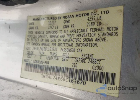 2008 Nissan Altima 2.5 S from USA, damaged, VIN 1N4AL24E68C163670
